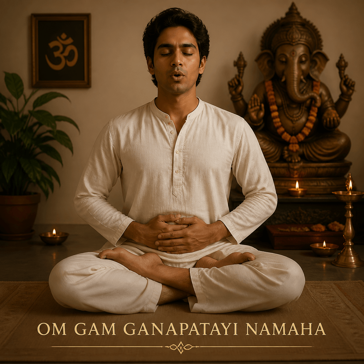 Man meditating cross-legged before a Ganesha statue and oil lamps; text reads