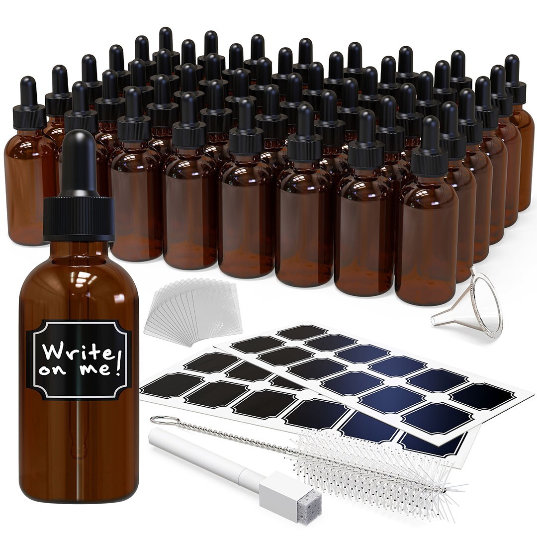 Nevlers 48 pack Amber 2 Oz Dropper Glass Bottles With Funnel, Brush, & Labels