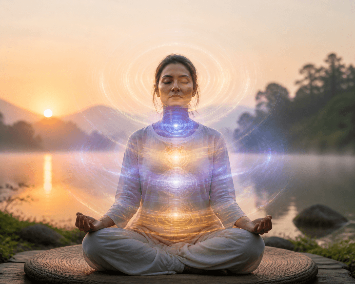 Person meditating cross-legged beside a lake at sunset, surrounded by glowing energy centers and concentric light rings