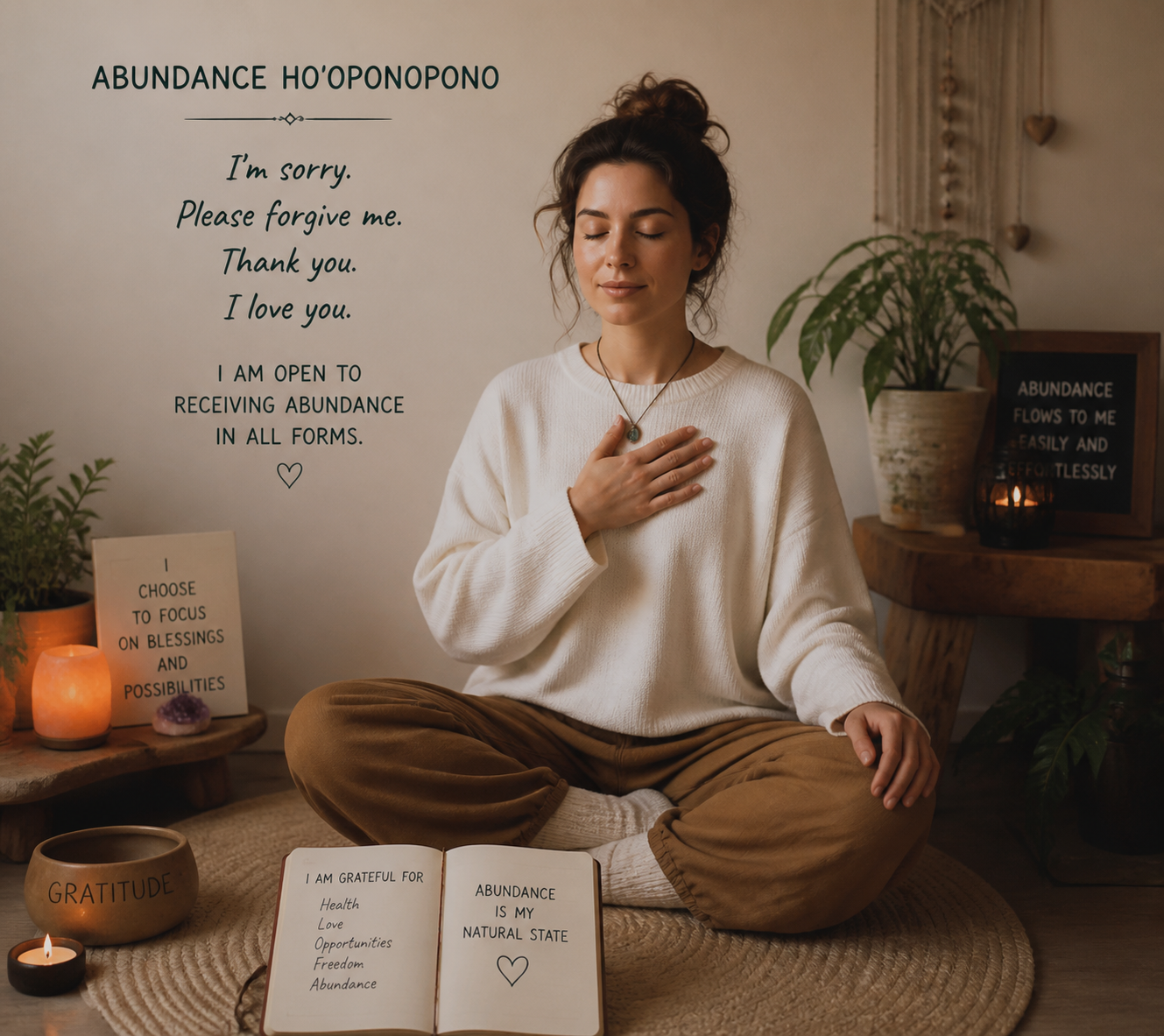 Person meditating with hand over heart; text reads “ABUNDANCE HO’OPONOPONO,”