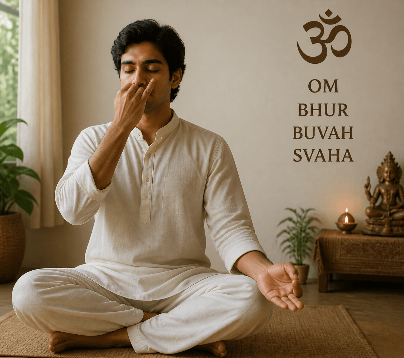 Person seated cross-legged practicing alternate-nostril breathing beside a