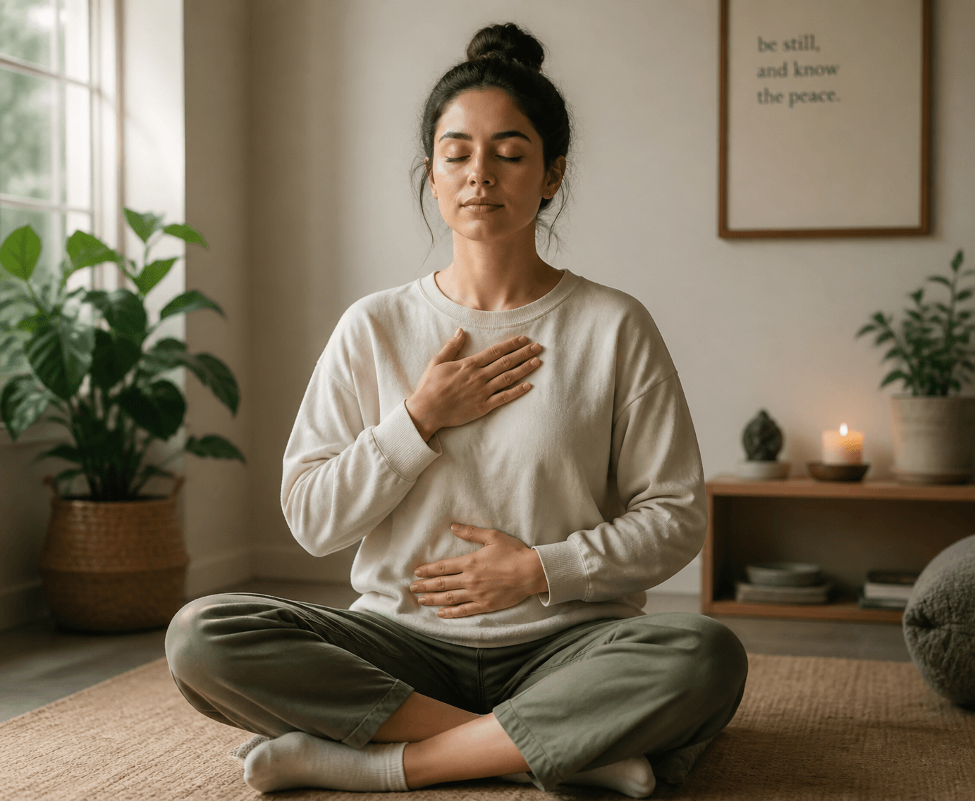 Woman sitting cross-legged with eyes closed, one hand on her chest and the