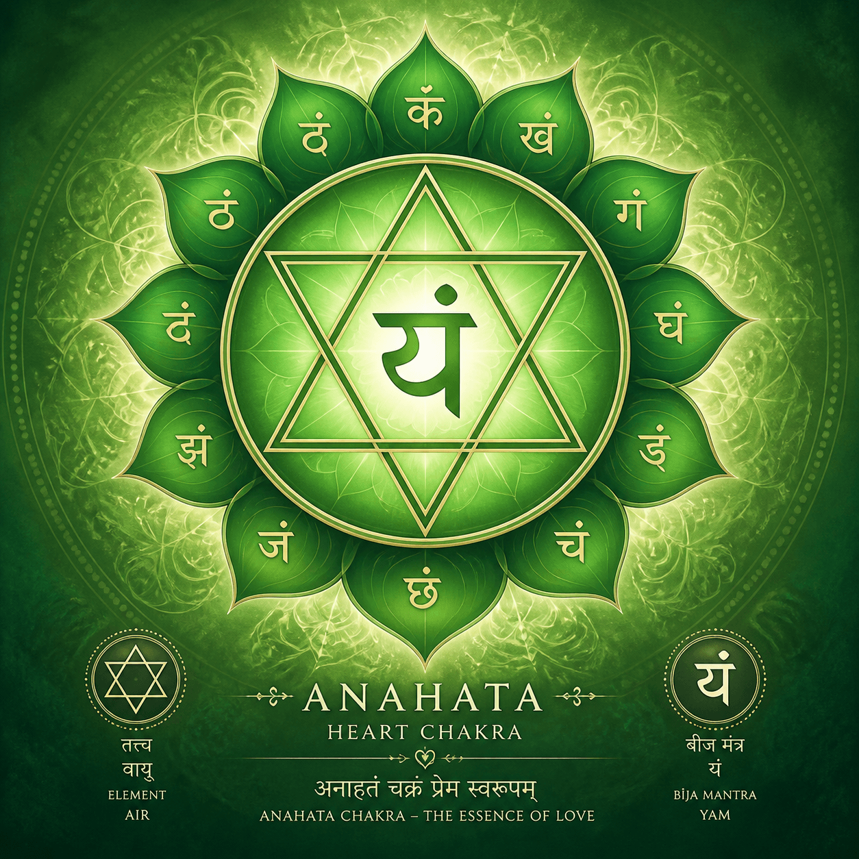 Anahata heart chakra infographic showing the air element, bija mantra YAM,