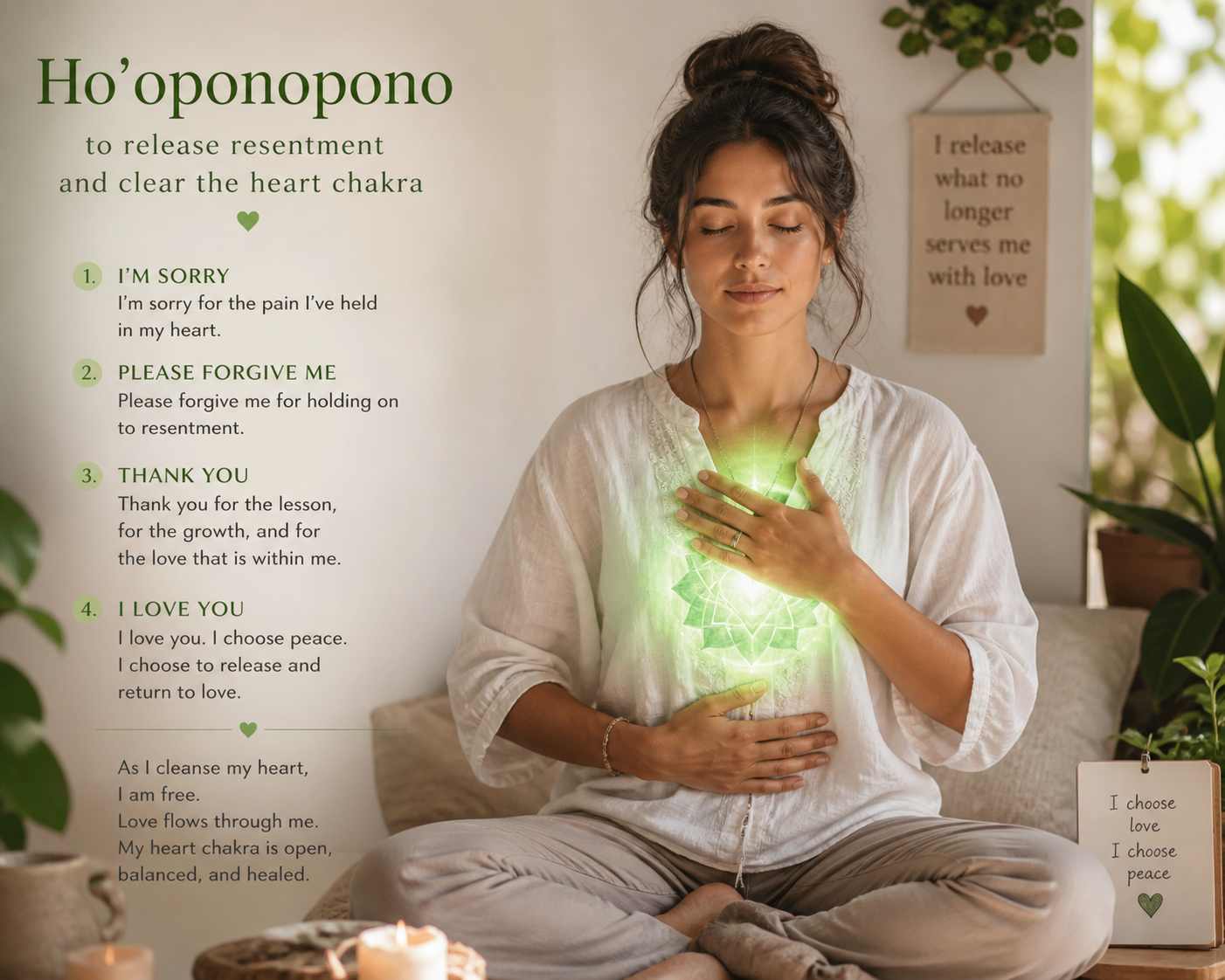 Ho’oponopono heart-chakra meditation graphic with four affirmations: I’m sorry,
