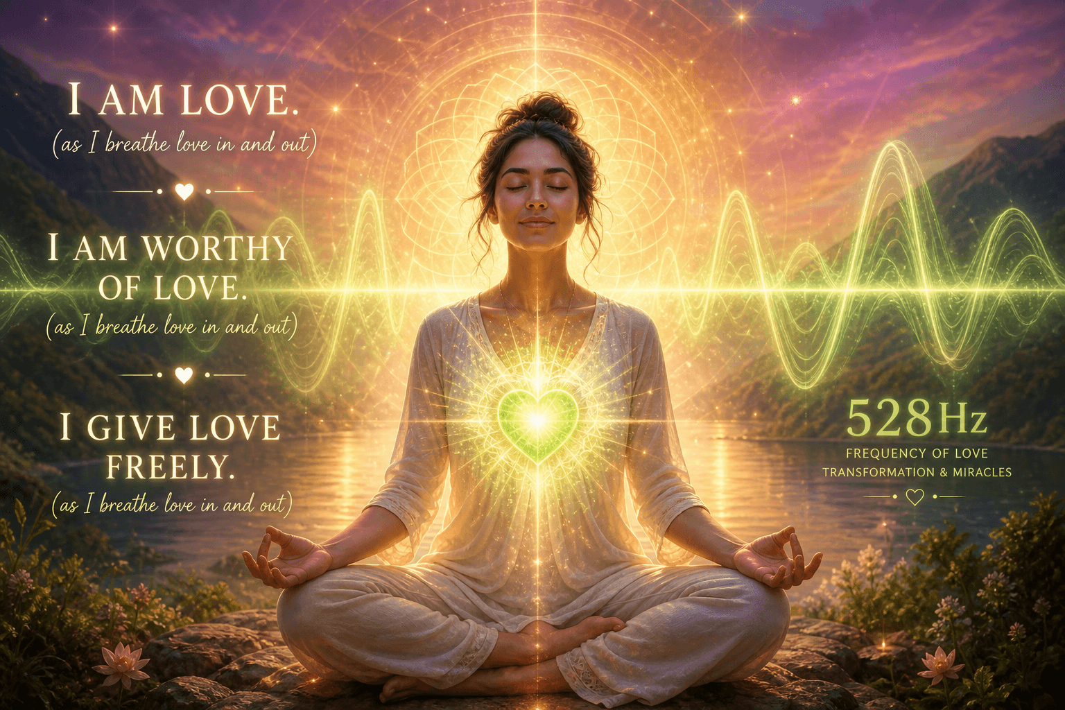 Meditating woman with a glowing heart; affirmations read “I AM LOVE,” “I AM worthy of love - 528Hz love frequency