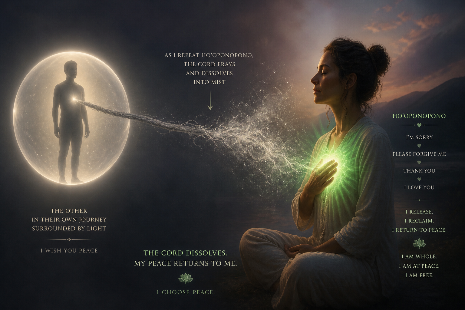 Meditation-themed graphic showing a cord dissolving between two people, with