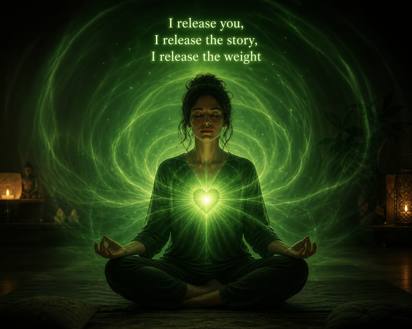 Person meditating cross-legged with a glowing heart, beneath the text “I