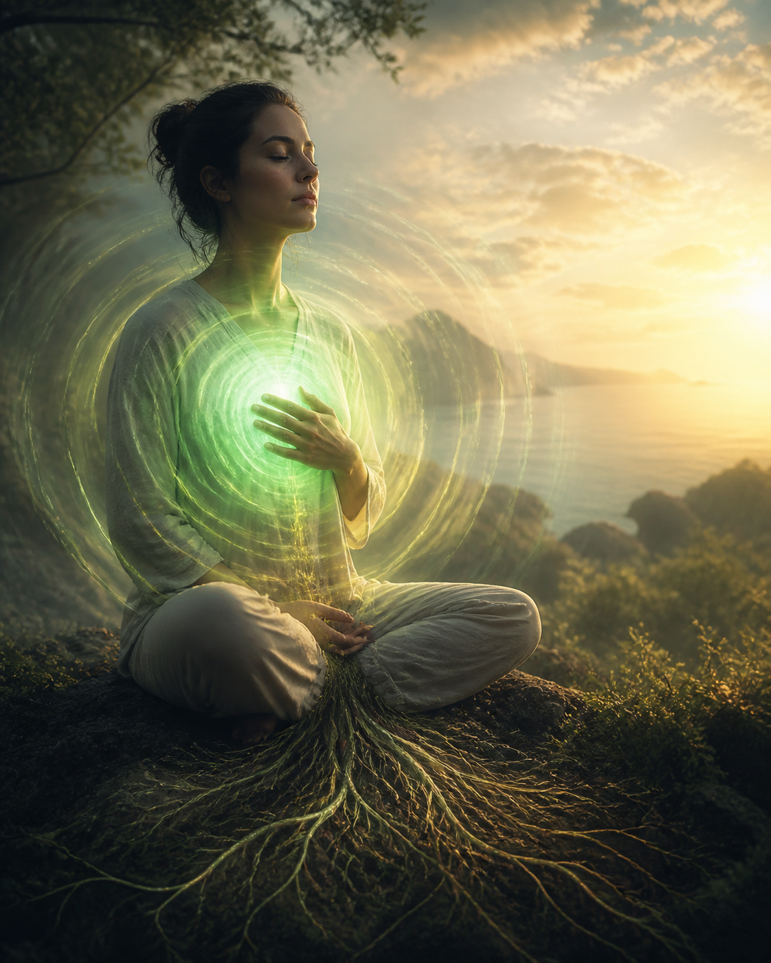 Woman meditating cross-legged at sunset, surrounded by glowing green energy and roots extending into the ground