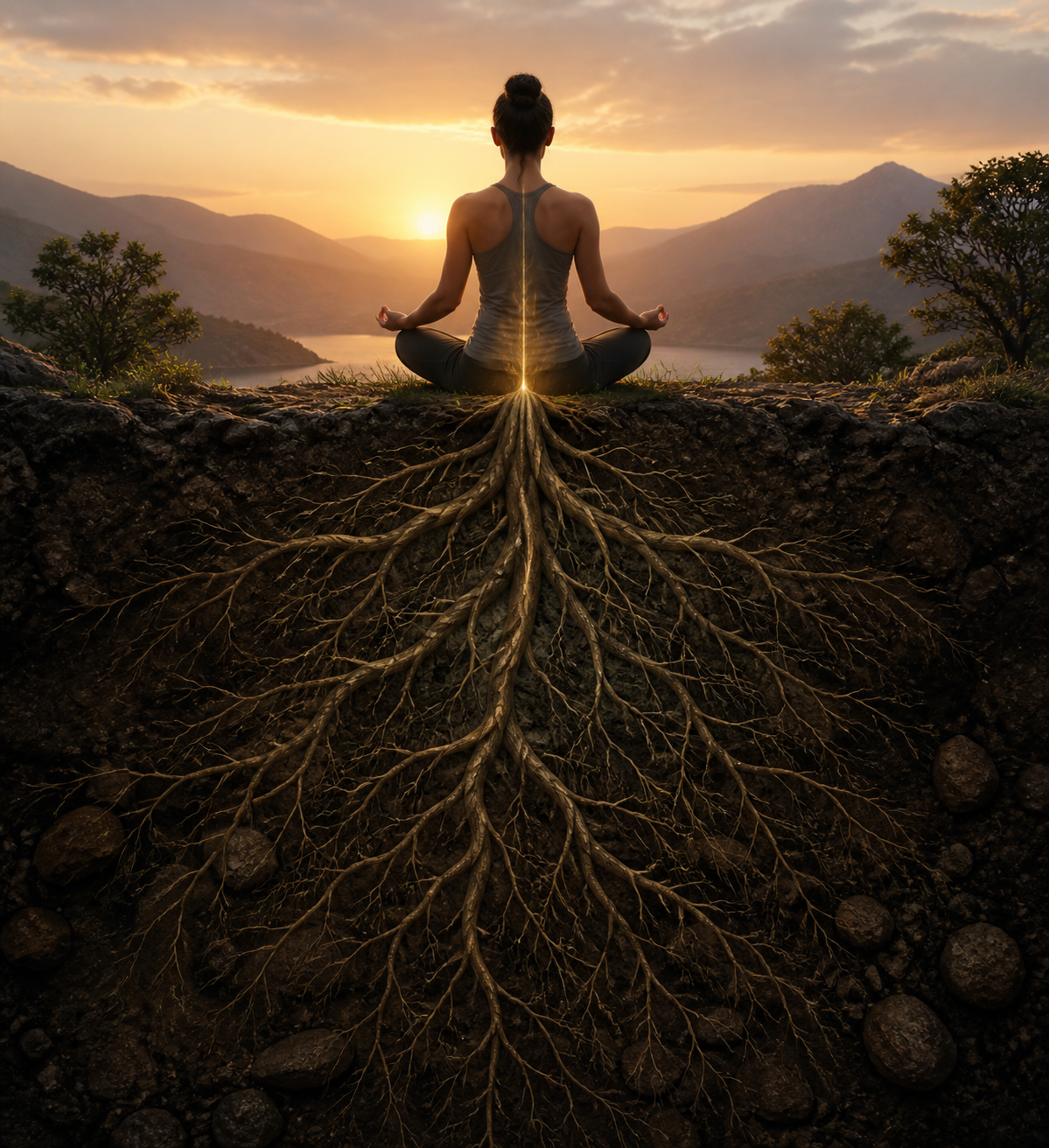Woman meditating cross-legged at sunset, with tree roots extending from her
