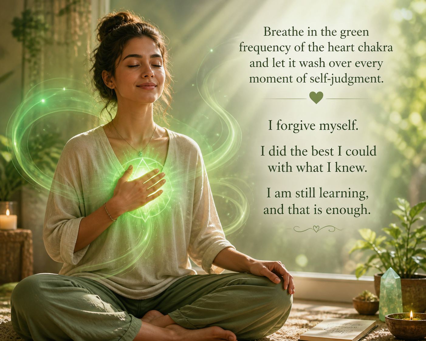 Woman meditating with a glowing green heart chakra. Text: Breathe in the green frequency of the heart chakra and it let it wash over every moment of self judgement.