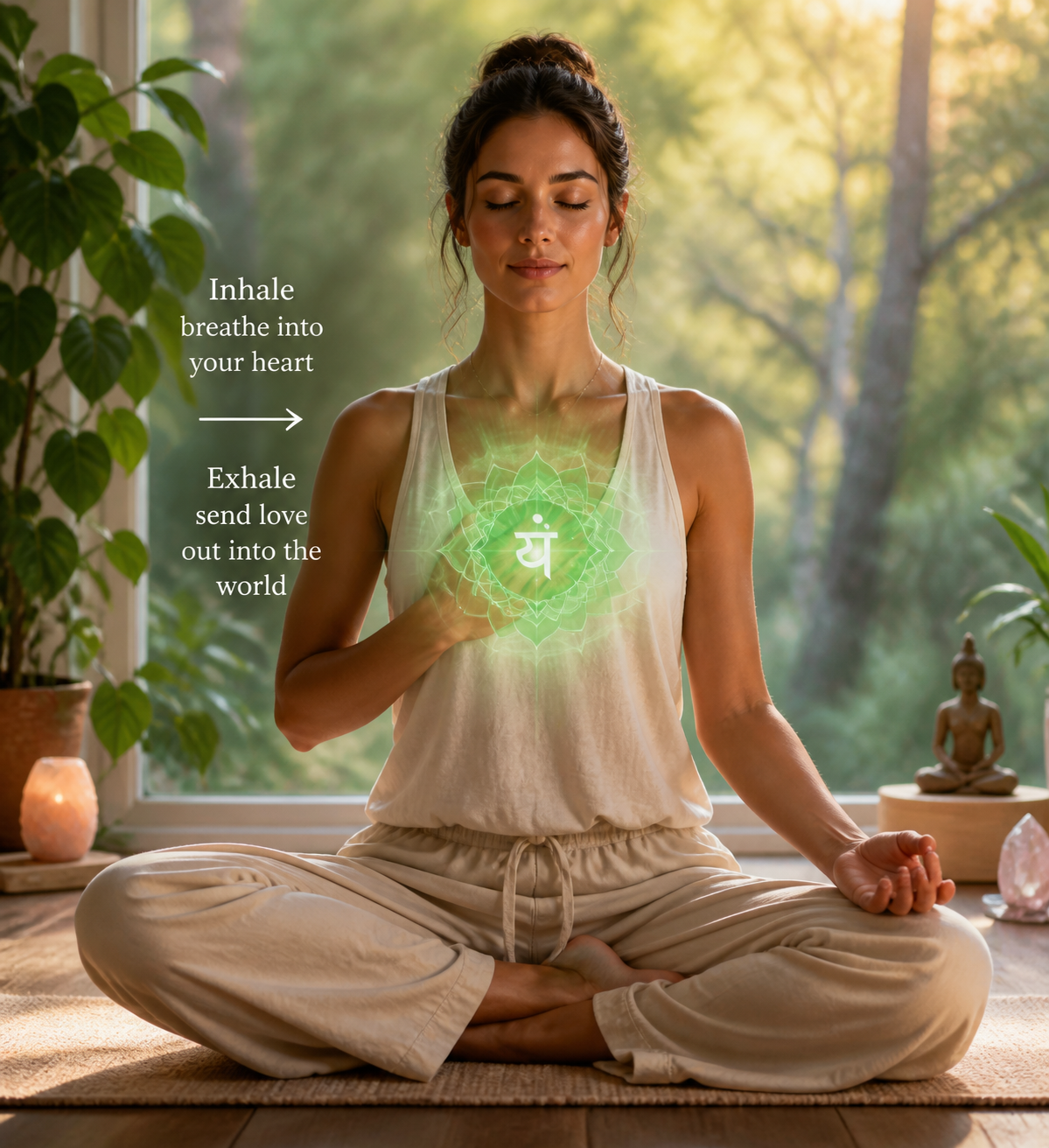 Woman meditating with a glowing heart chakra. Text: “Inhale breath into your