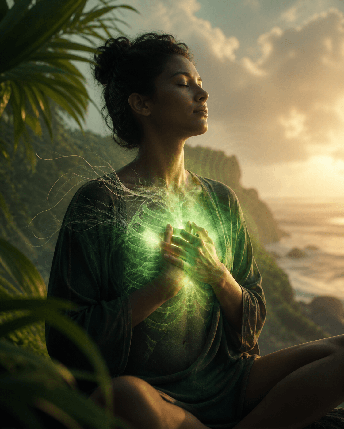 Woman meditating with eyes closed, hands over her chest as a green glow radiates from her heart at sunset